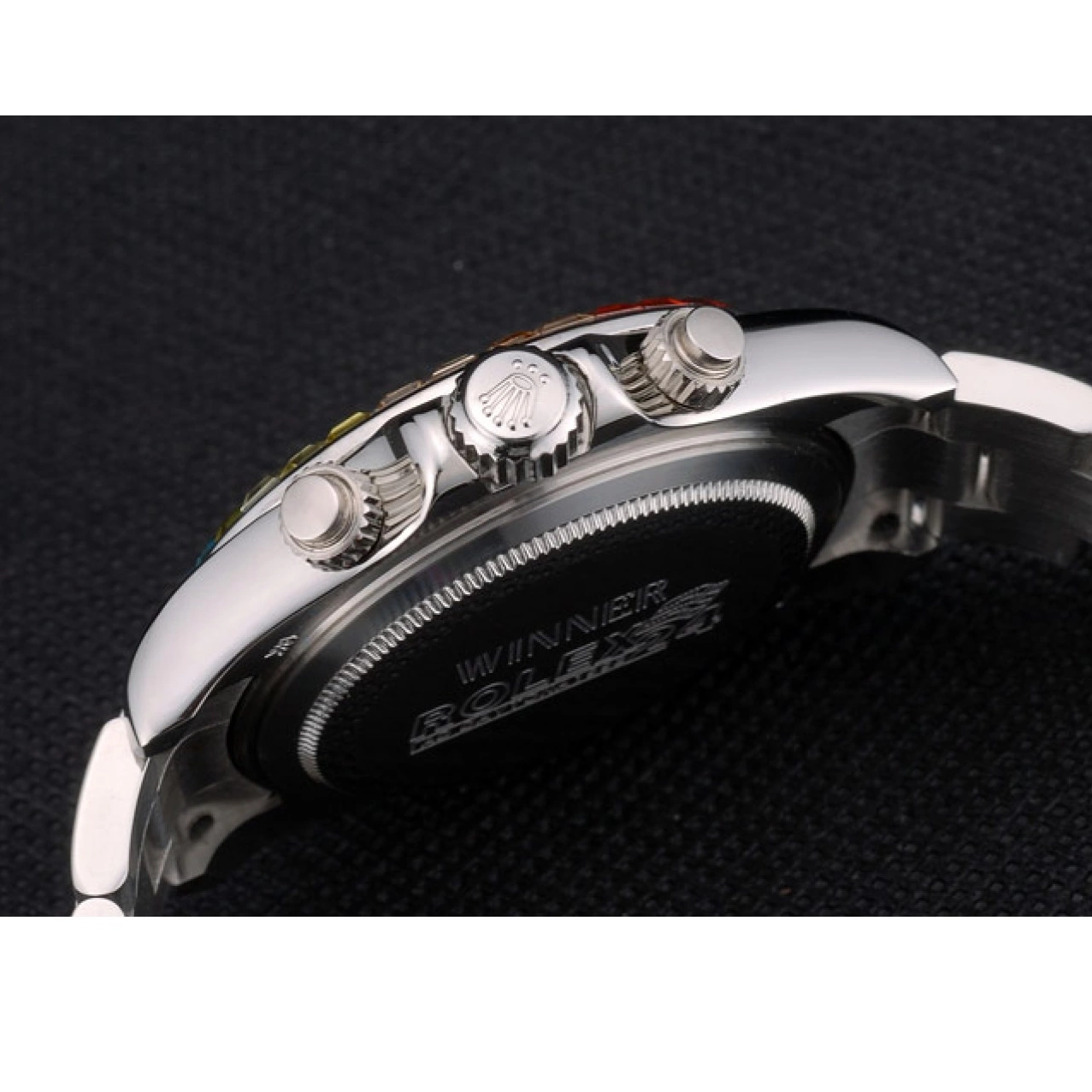 MiroTime 0709 Rolex Daytona Cosmograph Rainbow Crystals Bezel Stainless Steep Strap Black Dial 80250